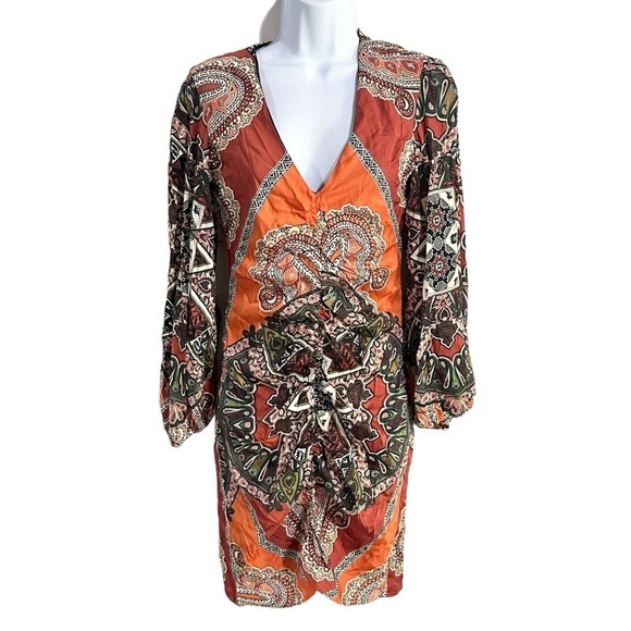 Parker Orange Long Sleeve V-Neck Paisley Ruched Sheath Mini Dress Size Small - Picture 1 of 5